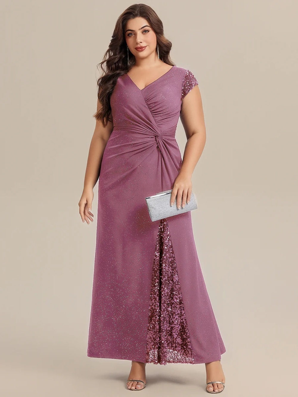 🆕 Plus Size Knotted Knit Cap Sleeve Maxi Glitter Evening Dress